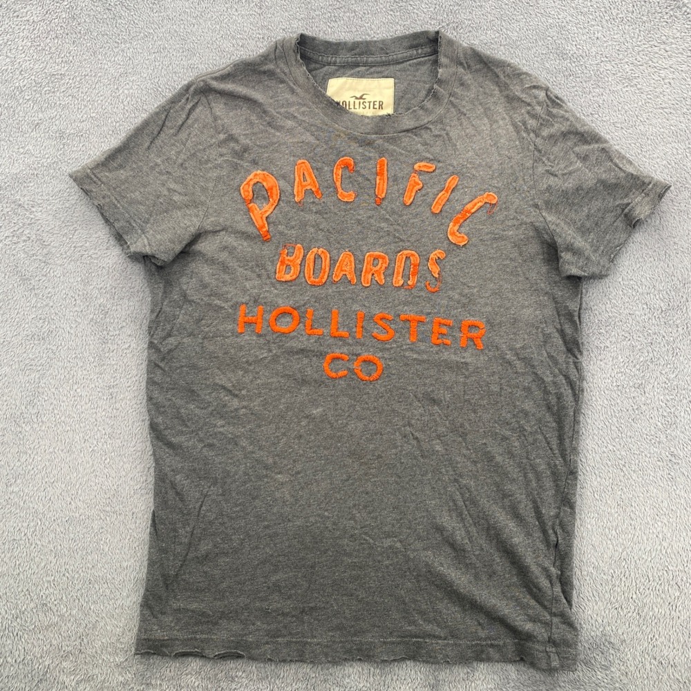Hollister T-Shirt Mens Small Gray Pacific Boards Orange Embroidered Graphic Tee